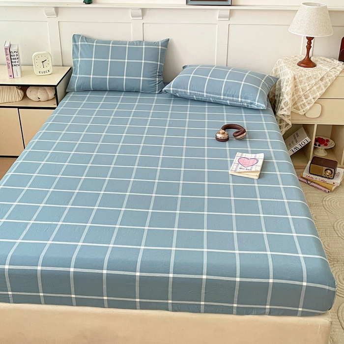 91家纺网 家纺一手货源 找家纺 2025新款全棉水洗棉套件-单床笠 蓝灰中格