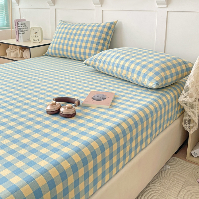 91家纺网 家纺一手货源 找家纺 2025新款全棉水洗棉套件-单床笠 蓝黄三分格