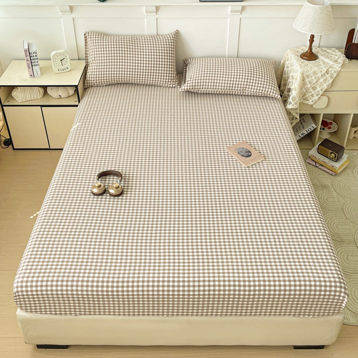 91家纺网 家纺一手货源 找家纺 2025新款全棉水洗棉套件-单床笠 米小格