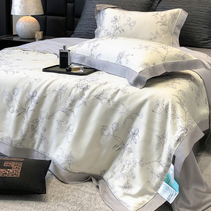 91家纺网 家纺一手货源 找家纺 若未家居 LOVEWE HOUSE 2025新款兰精天丝印花夏被及夏被四件套 白玉芝芝（床单款+床盖款）