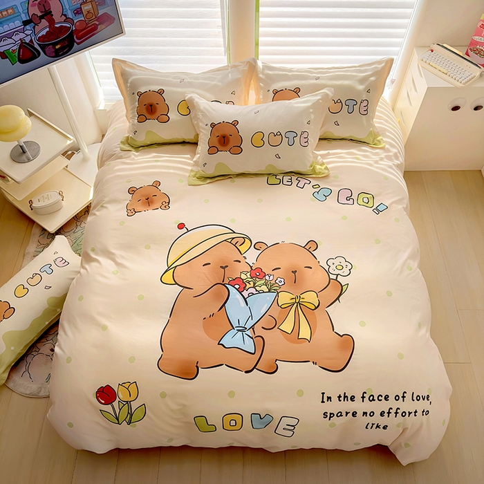 91家纺网 家纺一手货源 找家纺 2025新款原创设计卡皮巴拉全棉四件套-有作品登记证书 波点巴拉