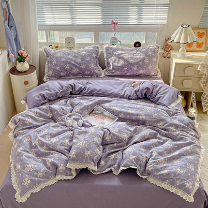 仟网汇 2025新款云感皱皱双层纱全棉花边四件套 豆蔻