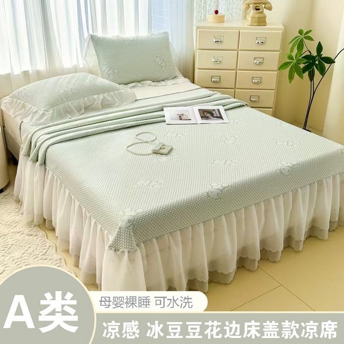 91家纺网 家纺一手货源 找家纺 999家纺   2025新款凉感提花冰豆豆凉席三件套 冰块熊-绿（床盖款）