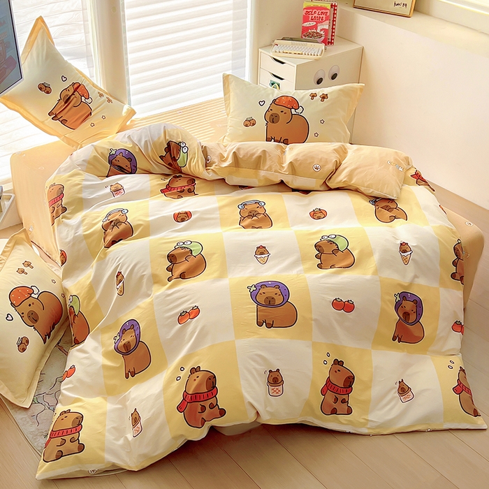 91家纺网 家纺一手货源 找家纺 2025新款原创设计卡皮巴拉全棉四件套-有作品登记证书 方格巴拉