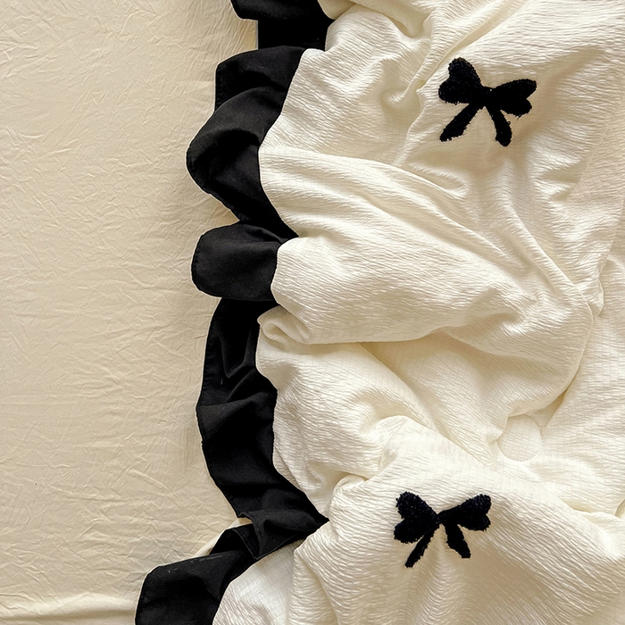 91家纺网 家纺一手货源 找家纺 梦之岛 2025新款韩版小泡泡水洗棉毛巾绣四件套-蝶梦 蝶梦蝴蝶结-奶白