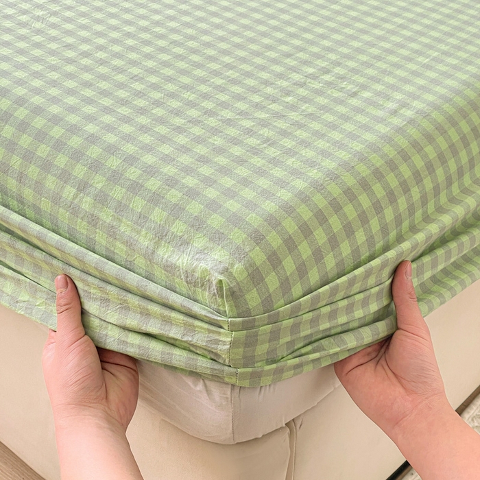 91家纺网 家纺一手货源 找家纺 2025新款全棉水洗棉套件-单床笠 艾莎绿小格