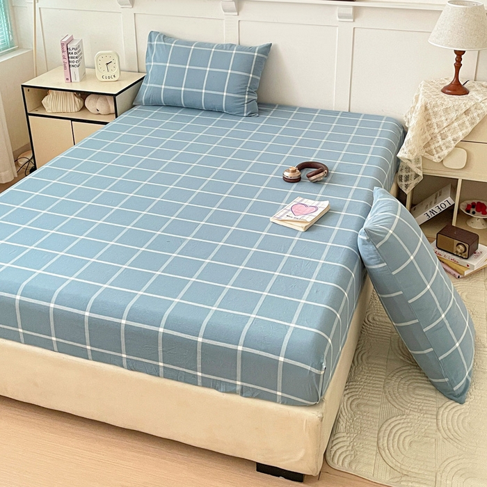 91家纺网 家纺一手货源 找家纺 2025新款全棉水洗棉套件-单床笠 蓝灰中格