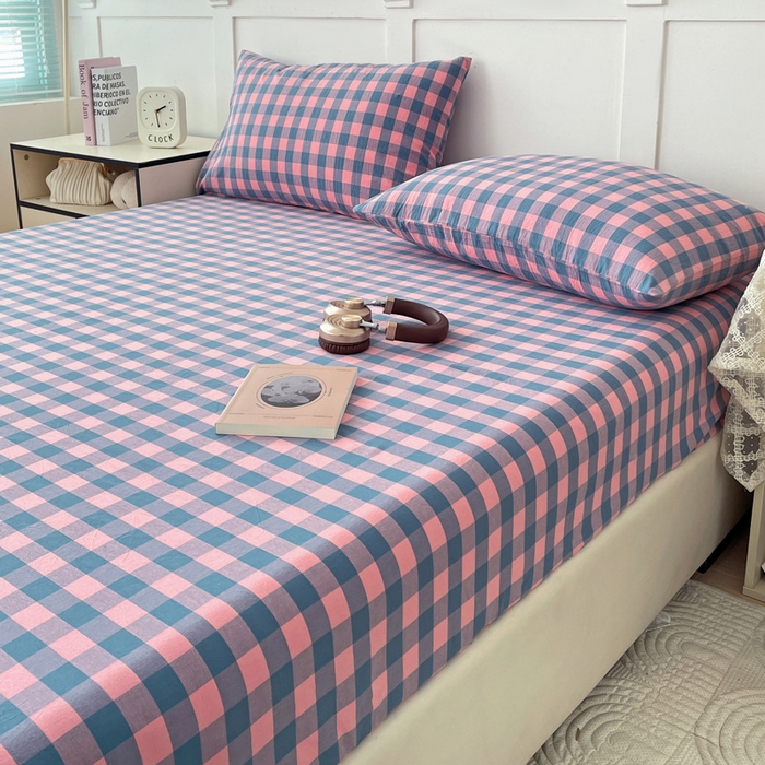 91家纺网 家纺一手货源 找家纺 2025新款全棉水洗棉套件-单床笠 粉灰小格