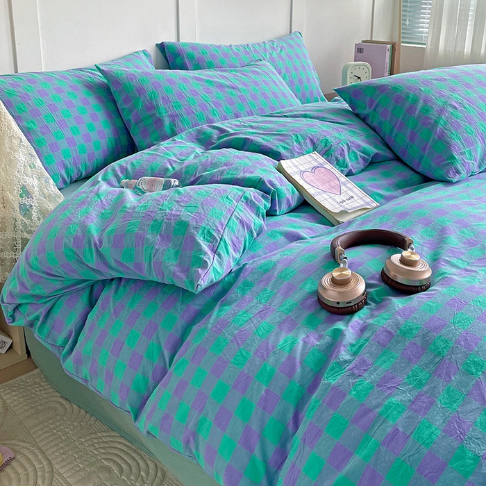 91家纺网 家纺一手货源 找家纺 大柏树 2025新款全棉水洗棉套件-床单四件套 绿紫中格