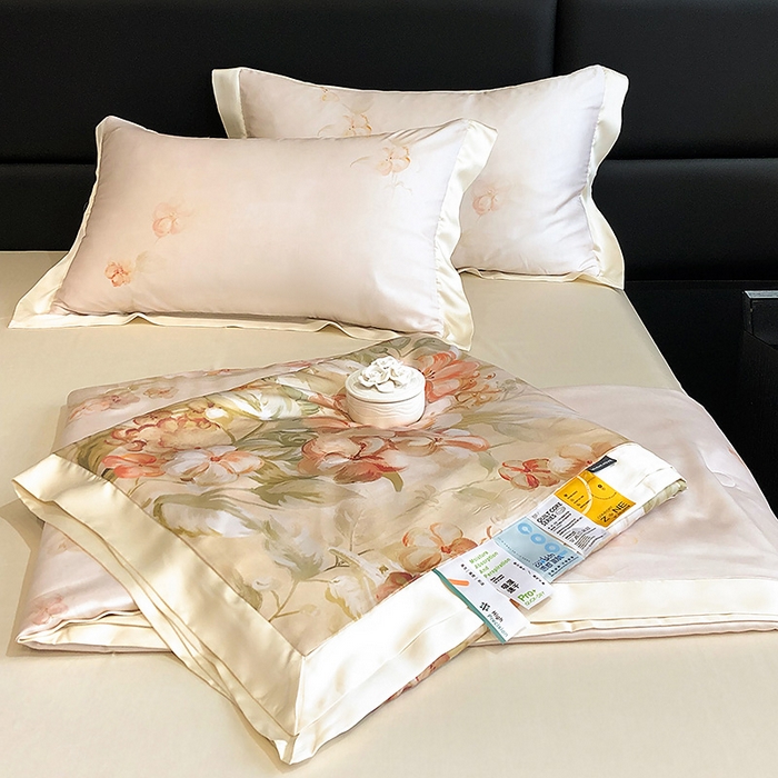 91家纺网 家纺一手货源 找家纺 若未家居 LOVEWE HOUSE 2025新款兰精天丝印花夏被及夏被四件套 花西子 米（床单款+床盖款）