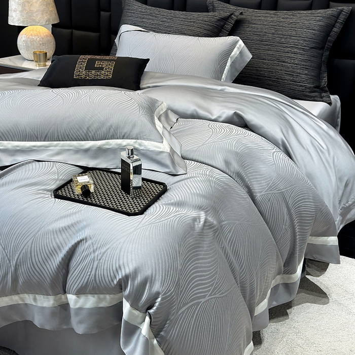 91家纺网 家纺一手货源 找家纺 若未家居 LOVEWE HOUSE 2025新款天丝提花套件撞色轻奢风四件套-天丝布拉格 天丝布拉格 银灰