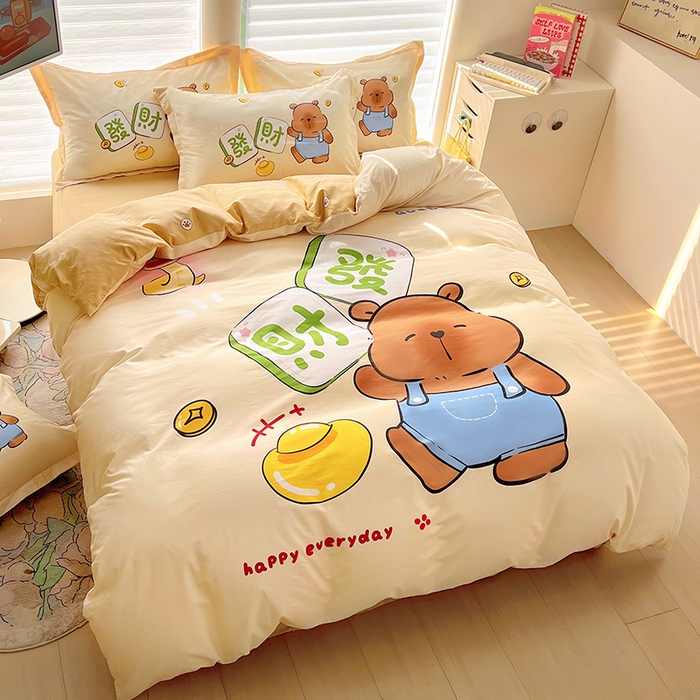 91家纺网 家纺一手货源 找家纺 2025新款原创设计卡皮巴拉全棉四件套-有作品登记证书 发财巴拉