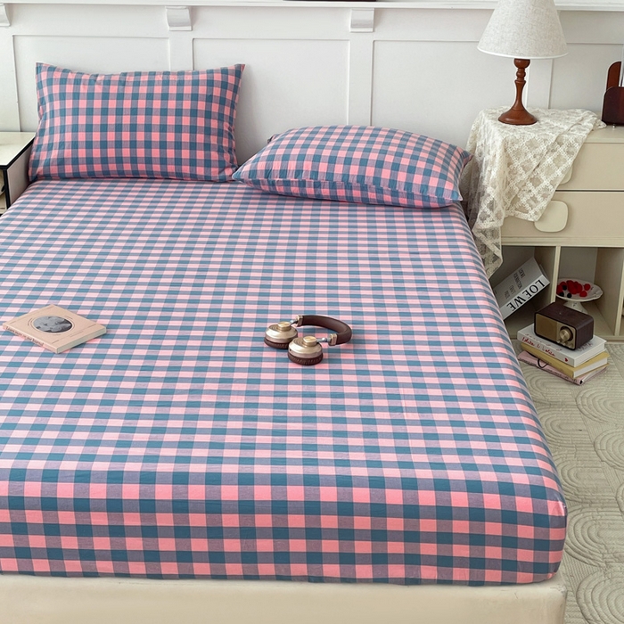 91家纺网 家纺一手货源 找家纺 2025新款全棉水洗棉套件-单床笠 粉灰小格