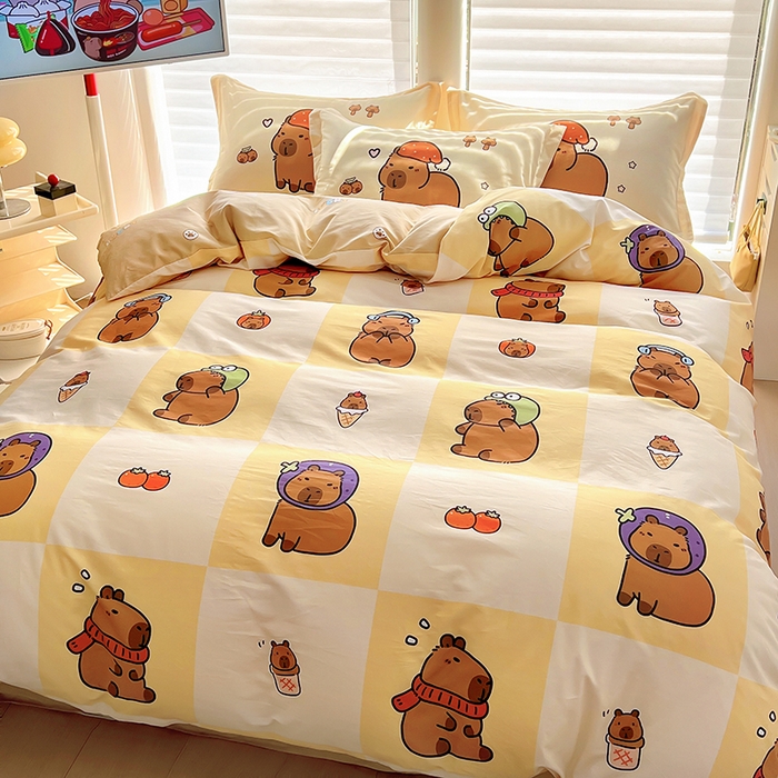 91家纺网 家纺一手货源 找家纺 2025新款原创设计卡皮巴拉全棉四件套-有作品登记证书 方格巴拉