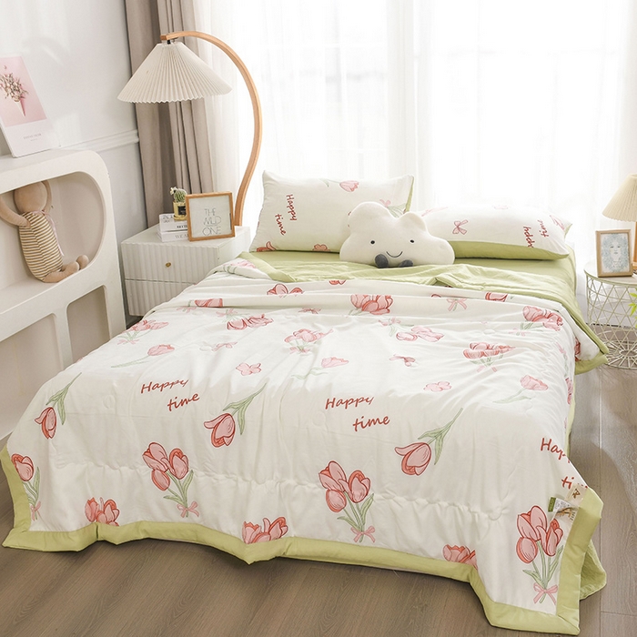 91家纺网 家纺一手货源 找家纺 红日子纺织品 2025新款棉麻夏被四件套 郁金香