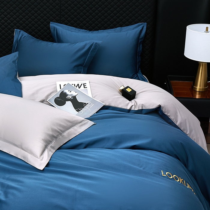 91家纺网 家纺一手货源 找家纺 皇寝世家家居 2025新款全棉纯棉A类100s长绒棉四件套刺绣绣花纯色贡缎床单款-诗雅 诗雅-湖蓝色