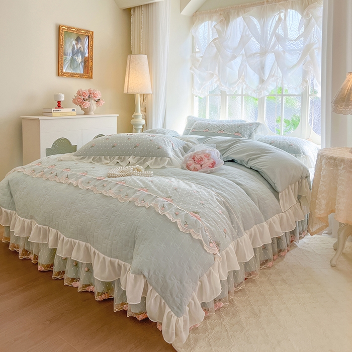 91家纺网 家纺一手货源 找家纺 网红馆（ck家纺） 2025新款优舒棉蕾丝花边床裙四件套-玛格丽 水绿