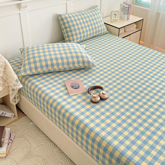 91家纺网 家纺一手货源 找家纺 2025新款全棉水洗棉套件-单床笠 蓝黄三分格