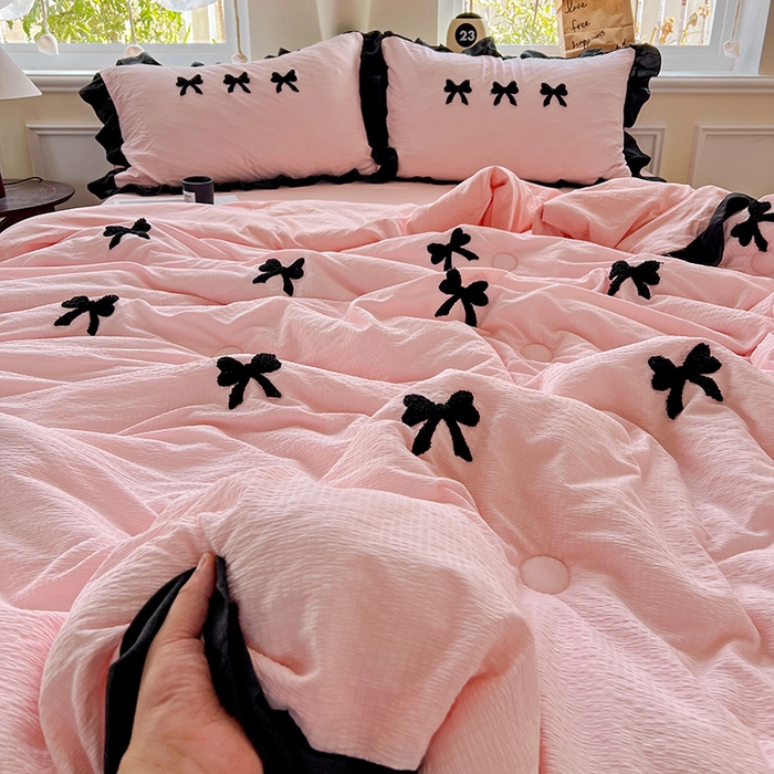 91家纺网 家纺一手货源 找家纺 梦之岛 2025新款韩版小泡泡水洗棉毛巾绣四件套-蝶梦 蝶梦蝴蝶结-玉