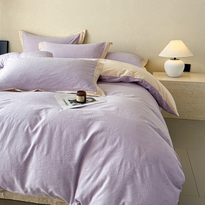 91家纺网 家纺一手货源 找家纺 若未家居 LOVEWE HOUSE 2025新款50S色织空气层水洗大提花全棉四件套 梦蝶-有氧紫