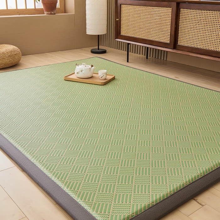 91家纺网 家纺一手货源 找家纺 绒艺席业 2025新款PE藤席地垫 饼干花 绿色