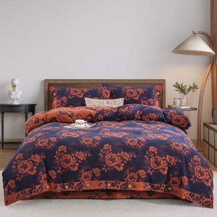 2025新款全棉色织双层纱纽扣款四件套 云纱-深兰