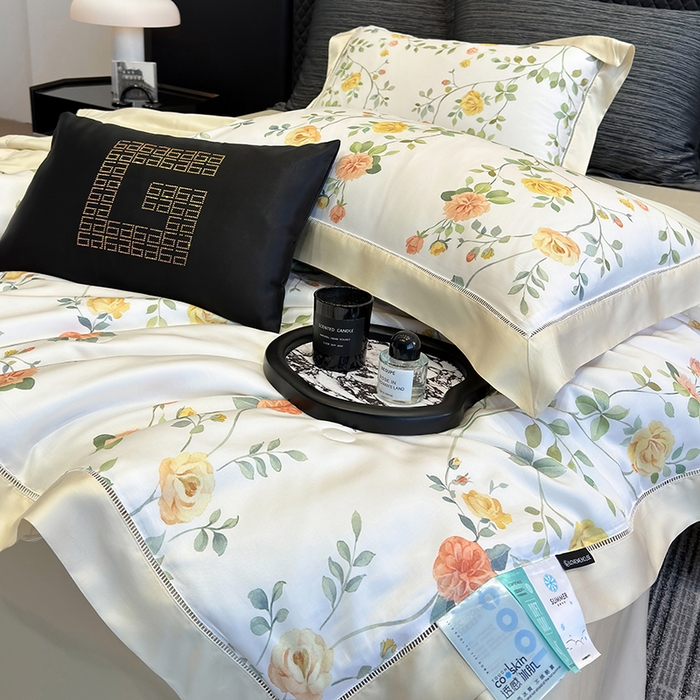 91家纺网 家纺一手货源 找家纺 若未家居 LOVEWE HOUSE 2025新款兰精天丝印花夏被及夏被四件套 奶酪玫瑰（床单款+床盖款）