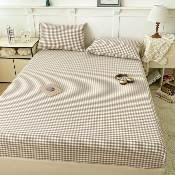 91家纺网 家纺一手货源 找家纺 2025新款全棉水洗棉套件-单床笠 米小格