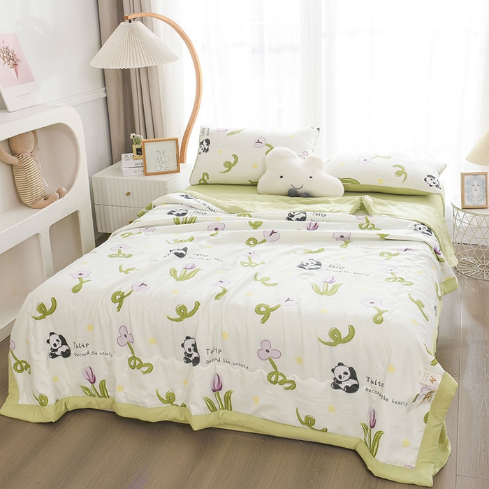 91家纺网 家纺一手货源 找家纺 红日子纺织品 2025新款棉麻夏被四件套 快乐熊猫