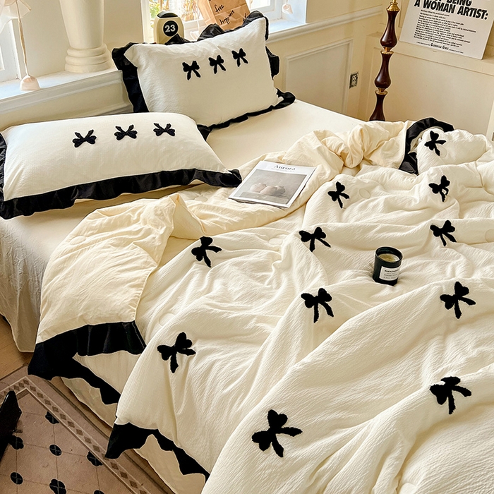 91家纺网 家纺一手货源 找家纺 梦之岛 2025新款韩版小泡泡水洗棉毛巾绣四件套-蝶梦 蝶梦蝴蝶结-奶白