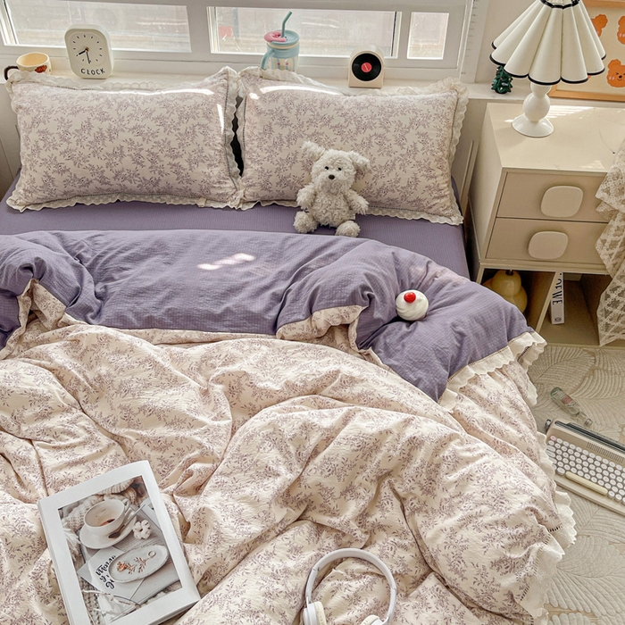 91家纺网 家纺一手货源 找家纺 仟网汇 2025新款云感皱皱双层纱全棉花边四件套 紫苏
