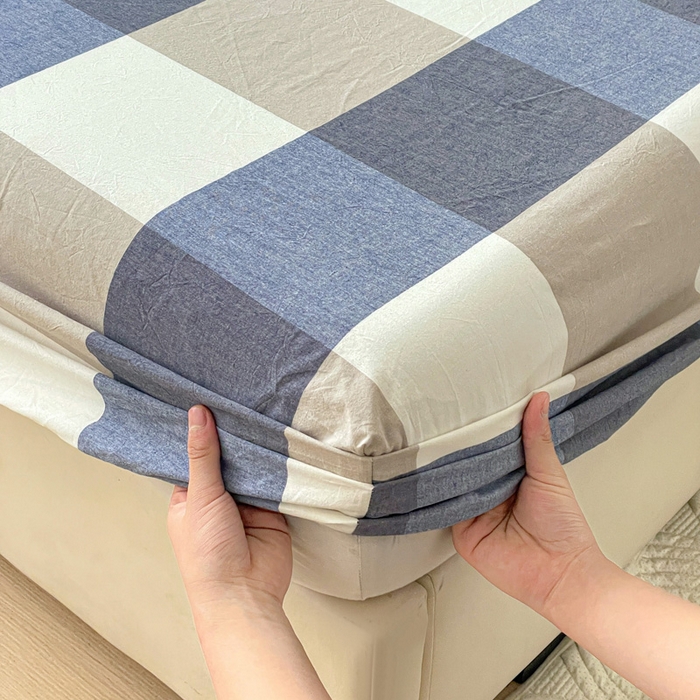 91家纺网 家纺一手货源 找家纺 2025新款全棉水洗棉套件-单床笠 蓝大格