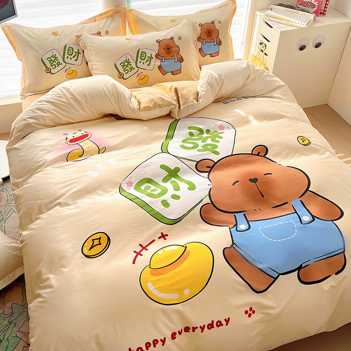 91家纺网 家纺一手货源 找家纺 2025新款原创设计卡皮巴拉全棉四件套-有作品登记证书 发财巴拉