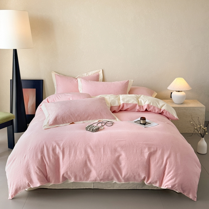 91家纺网 家纺一手货源 找家纺 若未家居 LOVEWE HOUSE 2025新款50S色织空气层水洗大提花全棉四件套 梦蝶-仙桃粉