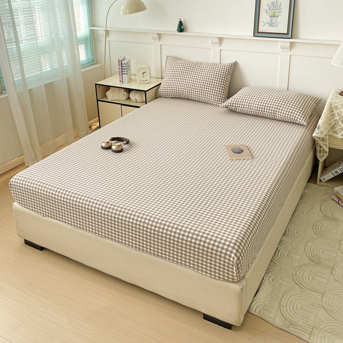 91家纺网 家纺一手货源 找家纺 2025新款全棉水洗棉套件-单床笠 米小格