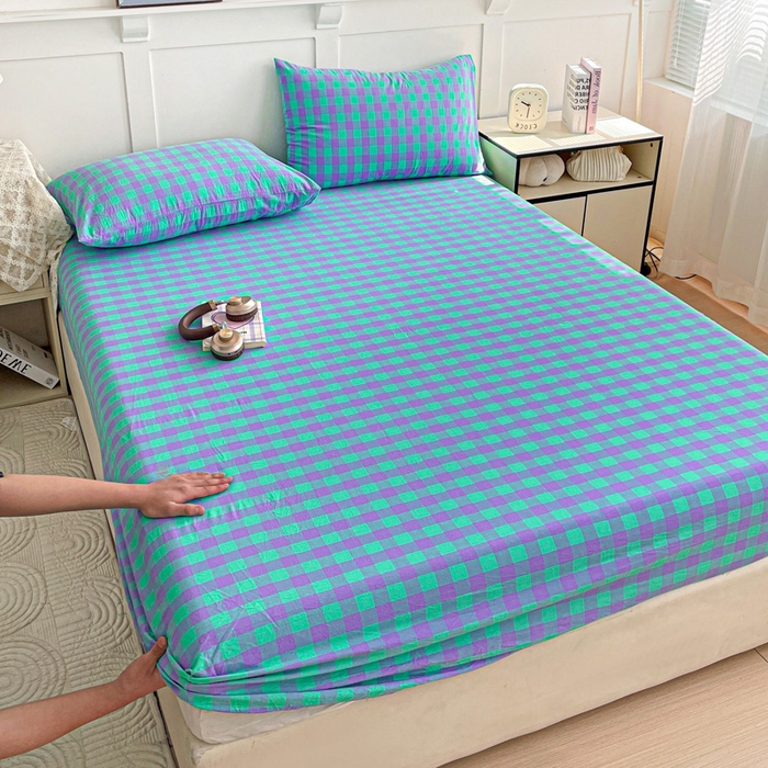 91家纺网 家纺一手货源 找家纺 2025新款全棉水洗棉套件-单床笠 绿紫中格