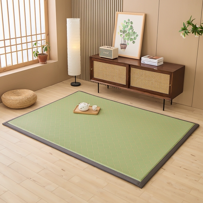 91家纺网 家纺一手货源 找家纺 绒艺席业 2025新款PE藤席地垫 饼干花 绿色