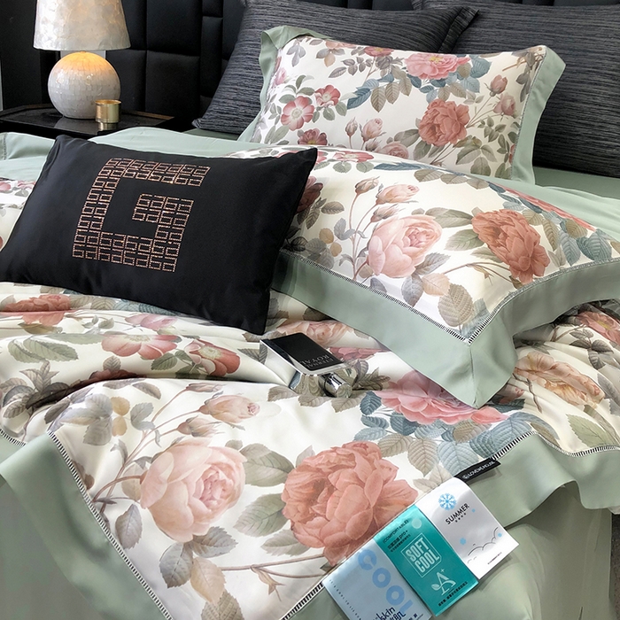 91家纺网 家纺一手货源 找家纺 若未家居 LOVEWE HOUSE 2025新款兰精天丝印花夏被及夏被四件套 玫瑰冰酿（床单款+床盖款）