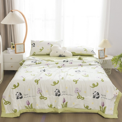 91家纺网 家纺一手货源 找家纺 红日子纺织品 2025新款棉麻夏被四件套 快乐熊猫