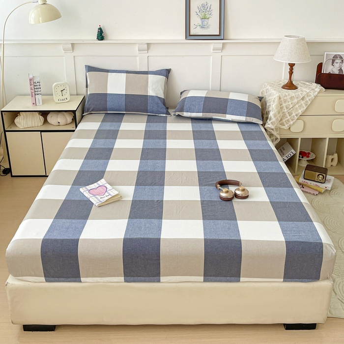 91家纺网 家纺一手货源 找家纺 2025新款全棉水洗棉套件-单床笠 蓝大格