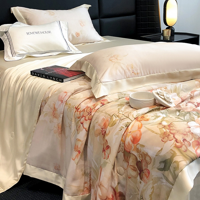 91家纺网 家纺一手货源 找家纺 若未家居 LOVEWE HOUSE 2025新款兰精天丝印花夏被及夏被四件套 花西子 米（床单款+床盖款）