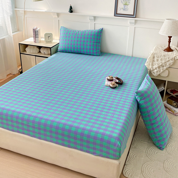 91家纺网 家纺一手货源 找家纺 2025新款全棉水洗棉套件-单床笠 绿紫中格