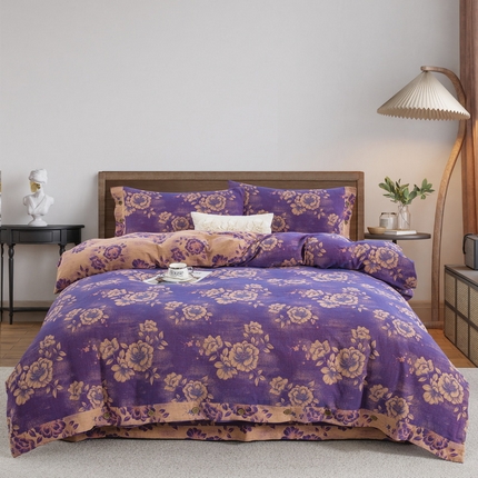 2025新款全棉色织双层纱纽扣款四件套 云纱-紫罗兰