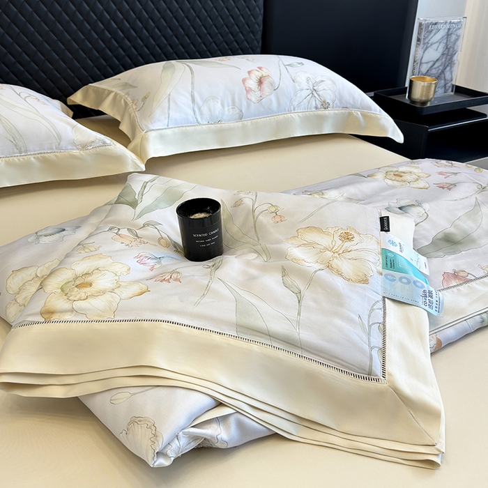 91家纺网 家纺一手货源 找家纺 若未家居 LOVEWE HOUSE 2025新款兰精天丝印花夏被及夏被四件套 西子铃兰（床单款+床盖款）