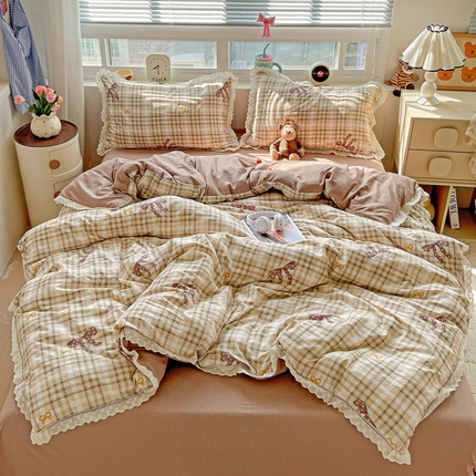 仟网汇 2025新款云感皱皱双层纱全棉花边四件套 太妃糖