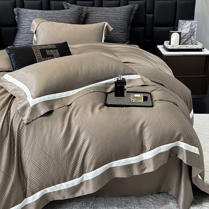 91家纺网 家纺一手货源 找家纺 若未家居 LOVEWE HOUSE 2025新款天丝提花套件撞色轻奢风四件套-天丝布拉格 天丝布拉格 美拉德棕