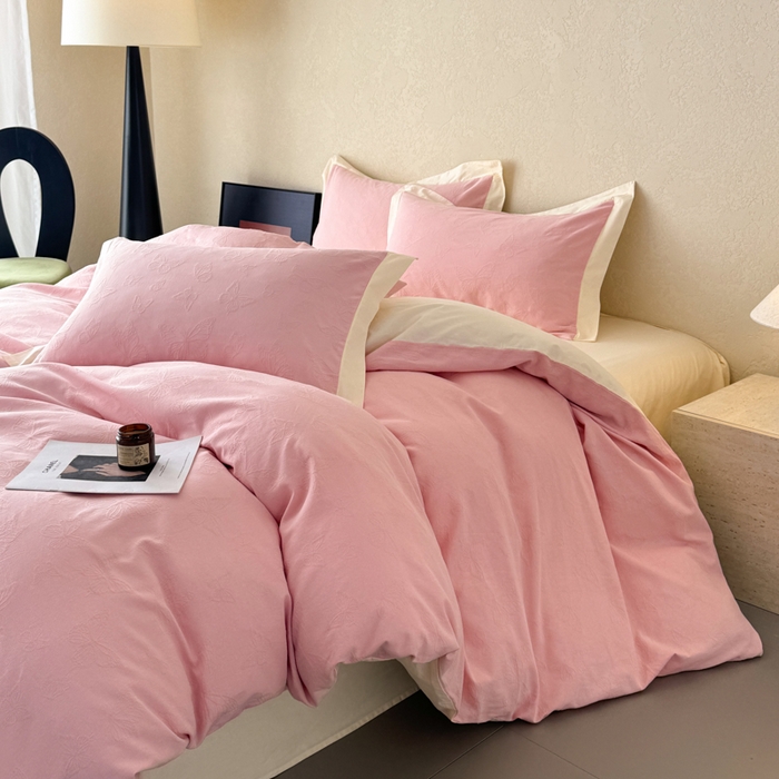 91家纺网 家纺一手货源 找家纺 若未家居 LOVEWE HOUSE 2025新款50S色织空气层水洗大提花全棉四件套 梦蝶-仙桃粉