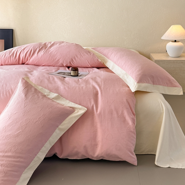 91家纺网 家纺一手货源 找家纺 若未家居 LOVEWE HOUSE 2025新款50S色织空气层水洗大提花全棉四件套 梦蝶-仙桃粉