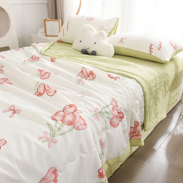 91家纺网 家纺一手货源 找家纺 红日子纺织品 2025新款棉麻夏被四件套 郁金香