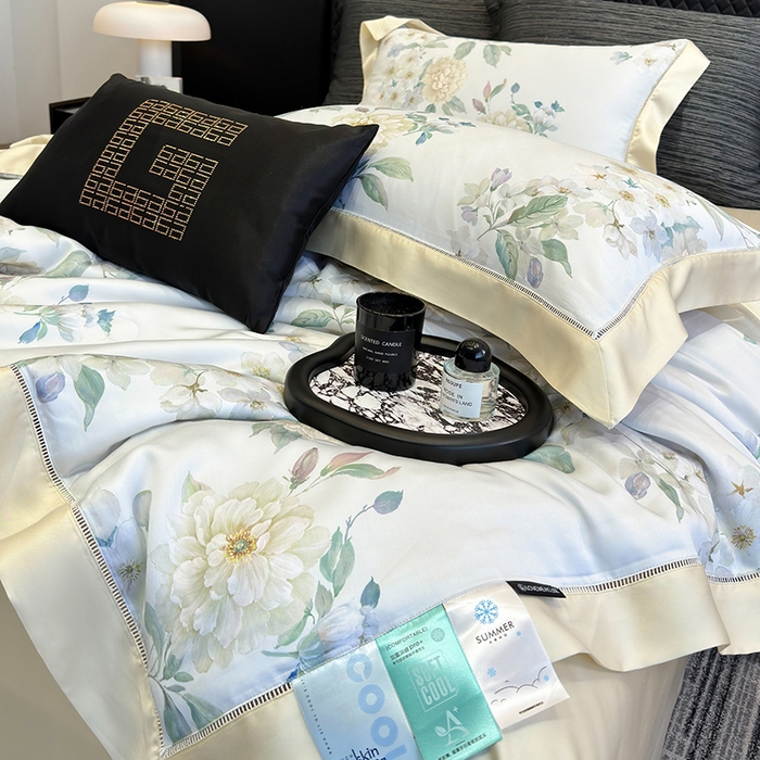 91家纺网 家纺一手货源 找家纺 若未家居 LOVEWE HOUSE 2025新款兰精天丝印花夏被及夏被四件套 白茶（床单款+床盖款）